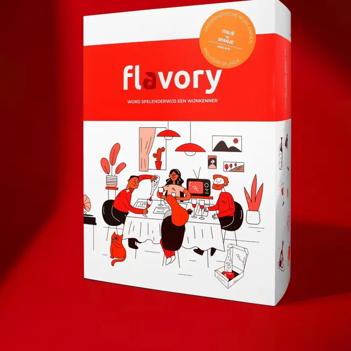 Doos van het rode wijnspel Italië of Spanje, met de sticker Italië vs Spanje