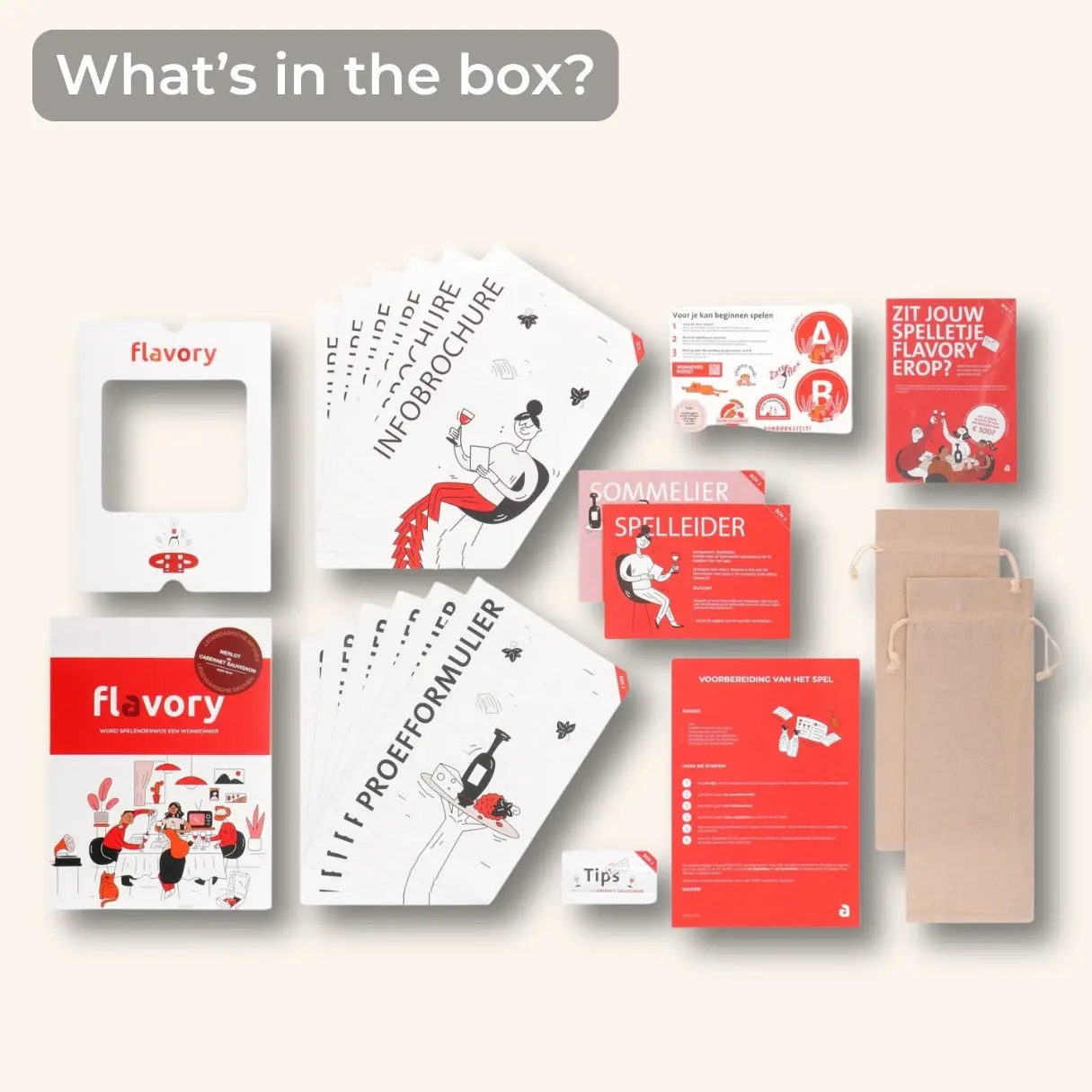 Inhoud van een Flavory-box: spelregels, infobrochures, proefformulieren, rolkaarten, tipkaartjes en twee stoffen wijnzakjes