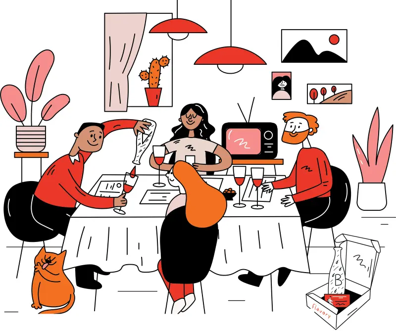 Illustratie van vier vrienden die aan tafel blind wijn proeven met het Flavory-wijnspel