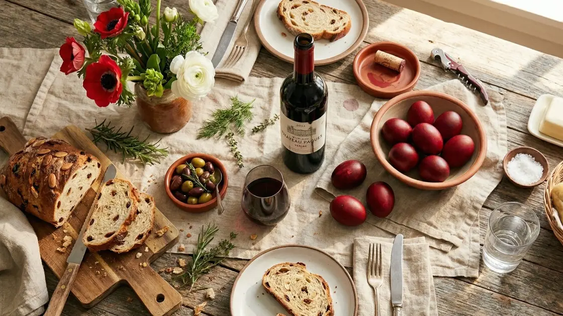 Paasontbijt met een fles rode wijn, bloedrode eieren en paasbrood op een linnen tafel, bovenaanzicht