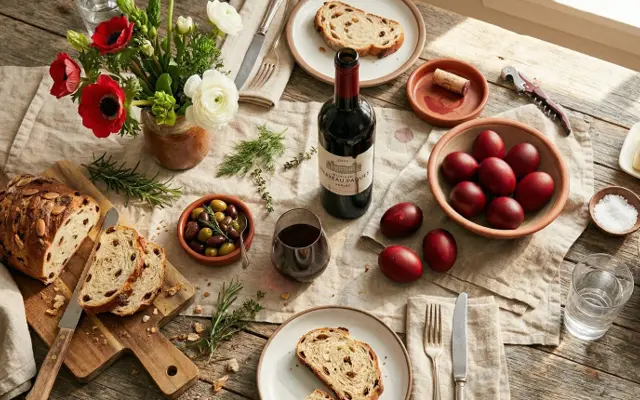 Paasontbijt met een fles rode wijn, bloedrode eieren en paasbrood op een linnen tafel, bovenaanzicht